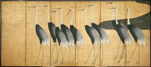Sexpanelsskärm som visar kranar, Edo-period (bläck, färg, guld och silver på papper)